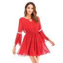 Sexy Backless Short Skirt Flared Sleeve Bohemian Backless Dress Beach Skirt (Color:Red Size:XL)