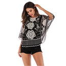 Cropped Bat Sleeve Lace Shirt Loose Round Neck Top (Color:Black Rose Size:XL)