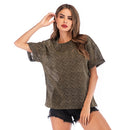 Leopard-print Bright Silk T-shirt Bat Sleeve Round Neck Bottoming Top (Color:Green Size:M)