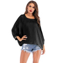 Round Neck Loose Bat Sleeve Top Solid Color Female T-shirt (Color:Black Size:XL)