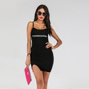 Autumn And Winter Camisole Bottom Skirt Letter Printed Split-knit Dress (Color:Black Size:S)