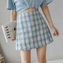 Summer Plaid Short Skirt High-waisted A-line Skirt (Color:Blue Size:S)