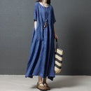 Summer Round Neck Solid Color Ramie Loose Dress for Women (Color:Blue Size:XL)