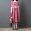 Summer Round Neck Ramie Snowflake Pattern Loose Mid-length Dress for Ladies (Color:Pink Size:M)