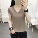 Ice Silk Knitted T-shirt V-neck Loose Bottoming Shirt (Color:Coffee Size:L)