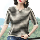 Ice Silk Knitted Round Neck Striped Mid-sleeve Shirt (Color:As Show Size:Small Type)