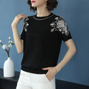 Summer Short-sleeved T-shirt Knitted Loose Ice Silk Bottoming Shirt (Color:Black Size:Free Size)