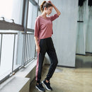 3 in 1 Bra + Solid Color Short Sleeve T-shirt + Trousers Quick-drying Casual Sportswear Suit for Ladies (Color:Purplish Red Size:XL)