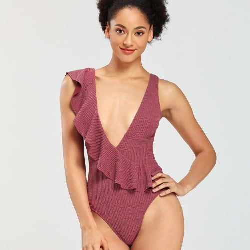 Women One-piece Solid Color Snake Texture Swimsuit (Color:Purplish Red Size:S)