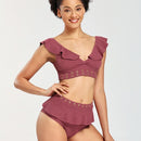 Women Solid Color Snake Texture Bikini Swimsuit (Color:Purplish Red Size:S)