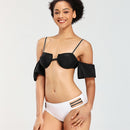 Women Hollow Sleeve Split Bikini Swimsuit (Color:Black White Size:S)