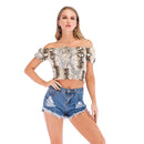 Animal Print One Word Shoulder Open Navel Close Waist Short Shirt (Color:Colour Size:S)