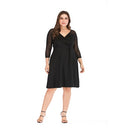 Mesh Panel Elegant 3 / 4 Sleeve Plus Size Dress (Color:Black Size:XL)