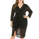 V-neck Hollow Nine-point Sleeve Slim Fit Bag Hip Plus Size Dress (Color:Black Size:XL)