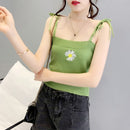 Knitted Camisole With Embroidered Slim Fit And Short Navel Top (Color:Green Size:Free Size)