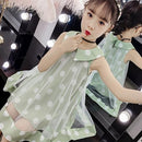 Lapel Polka Dot Chiffon Girl Dress (Color:Green Size:110cm)