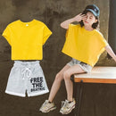 Two-piece Girl Short-sleeved Breathable Clothes Shorts (Color:Yellow Size:110cm)