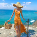 Summer Seaside Sexy Backless Sling V-neck Fishtail Dress Beach Skirt (Color:Orange Yellow Size:M)