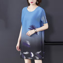 Summer Women Feather Print Pleated Loose Dress (Color:Blue Size:Free Size)