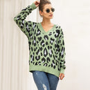 Fashion Leopard Jacquard V-neck Knit Sweater (Color:Green Size:XL)