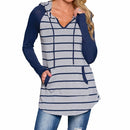 Striped Hooded T-shirt Loose V-neck Mid Length Casual Top (Color:Grey Size:M)