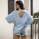 Round-neck Strapless Heart Hollowing Knit Sweater (Color:Blue Size:M)