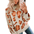 High Neck Lantern Sleeve Leopard Knit Sweater (Color:Apricot Size:L)