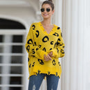 Fashion Leopard V-neck Hole Knit Sweater (Color:Yellow Size:XL)