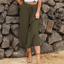 Solid Color Casual Lace Up High Waist Wide Leg Pants (Color:Army Green Size:Free Size)