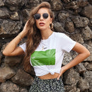 Loose And Versatile Cotton Printed Short Sleeve T-shirt (Color:White+Green Size:S)