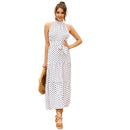 Sleeveless Hanging Neck Printed Chiffon Dress (Color:White Size:M)