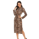 Snakeskin Texture Long-sleeved Bow Split Hip Skirt Stretch Slim Pencil Dress (Color:Coffee Size:M)