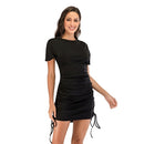 Round Neck Short Sleeve Pleated Drawstring Hip Dress (Color:Black Size:XL)