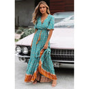 V-neck Beach Holiday Lace-up Print Dress (Color:Lake Blue Size:L)
