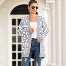 Fashion Mid-length Style Leopard Cardigan Knit Sweater (Color:Light Grey Size:S)