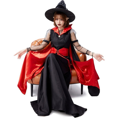 Halloween Costume Queen Dress Vampire Bat Night Bar Devil Show Costume (Color:Red and Black Skirt+Witch Hat+Ear Size:S)