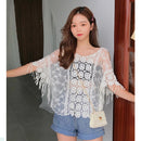 Loose V-neck Short-sleeved Top Hollow Crochet Lace Shirt for Ladies (Color:White Size:Free Size)