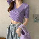 Short Solid Color V-neck Bottoming Shirt Slim-fit Short-sleeved Knit Shirt for Ladies (Color:Random Color Delivery Size:Free Size)