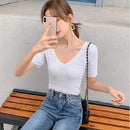Short V-neck Short-sleeved T-shirt Ice Silk Knit Shirt Bottoming Top for Ladies (Color:Random Color Delivery Size:Free Size)