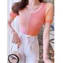 Thin Color Contrast Slim-fit Knit Short-sleeved Top for Ladies (Color:Random Color Delivery Size:Free Size)