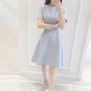 Mid-length Striped Texture A-line Dress (Color:Light Blue Size:XL)