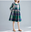 Large Size Loose Looking Thin Western Style Mid-length Plaid Dress (Color:Green Size:M)