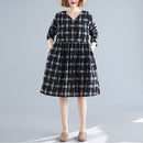 Large Size Loose Looking Thin Western Style Mid-length Plaid Dress (Color:Black Size:M)