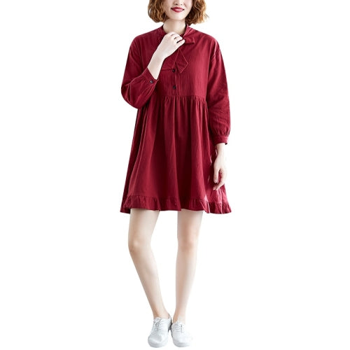 Loose Plus Size Linen Cotton Ruffle Dress (Color:Wine Red Size:M)