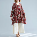 Retro Print Plus Size Cotton And Linen Dress Loose V-neck Skirt (Color:Wine Red Size:L)