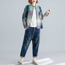 Loose Large Size Linen Cotton Printed Check Shirt For Age Reduction And Slimming (Color:Green Size:XL)