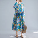 Loose Mid-length Ethnic Style Womens Long-sleeved Printed Cotton And Linen Dress (Color:Green Size:XL)