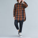 Loose Large Size Slim Mid-length Retro Plaid Shirt (Color:Coffee Size:XL)