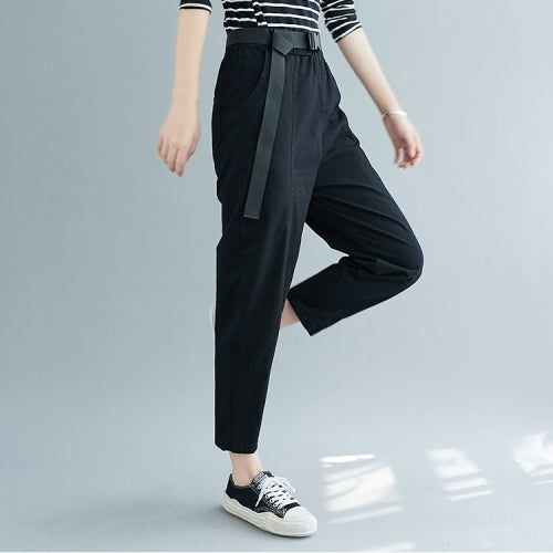 Plus Size Womens High Waist Loose Slimming Autumn Cotton Casual Pants Harem Pants (Color:Black Size:XL)