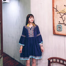 Retro Ethnic Embroidery V-neck Fringe Stitching Bell Sleeve Baby Shirt Holiday Dress (Color:Blue Size:Freesize)